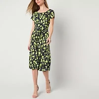 Perceptions Womens Short Sleeve Floral Midi Petite Fit + Flare Dress