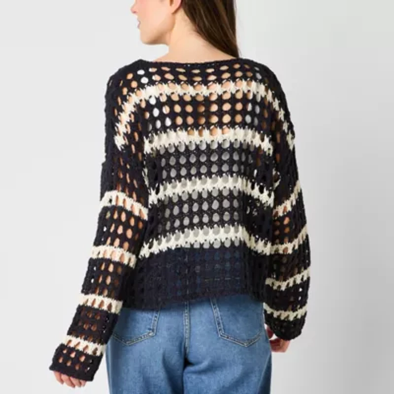 Arizona Juniors Womens Crew Neck Long Sleeve Striped Pullover Sweater