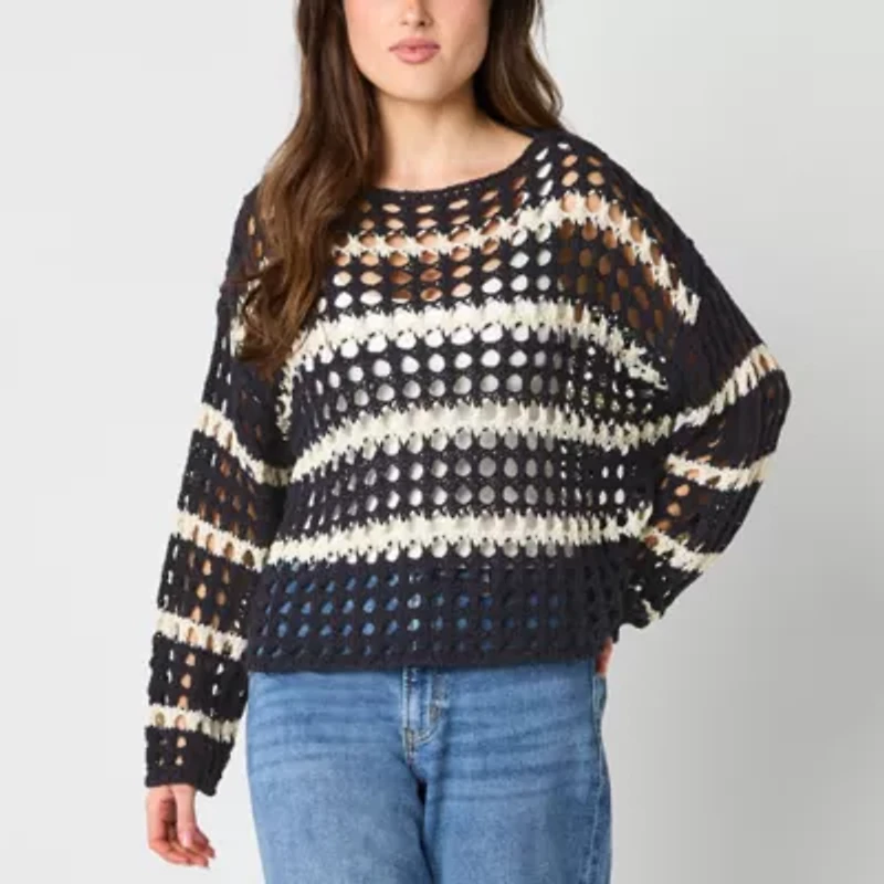 Arizona Juniors Womens Crew Neck Long Sleeve Striped Pullover Sweater