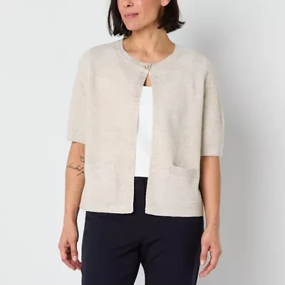 Liz Claiborne Womens Crew Neck Short Sleeve Button Cardigan