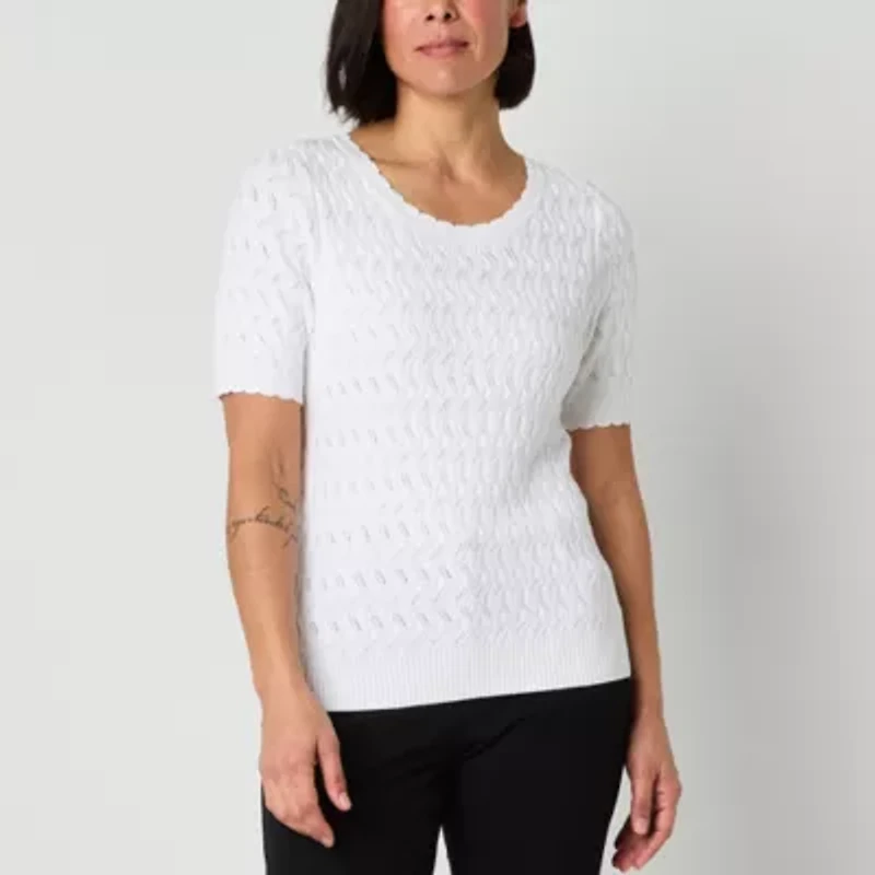Liz Claiborne Womens Round Neck Short Sleeve Pullover Sweater