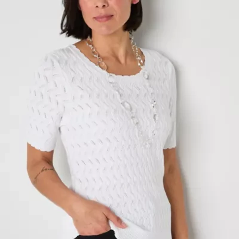 Liz Claiborne Womens Round Neck Short Sleeve Pullover Sweater