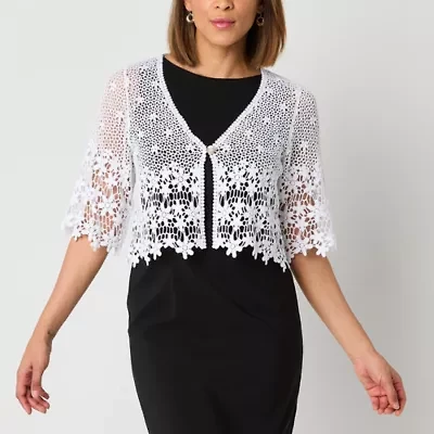 Rabbit Rabbit Rabbit Design Womens V Neck Short Sleeve Floral Shrug Petite