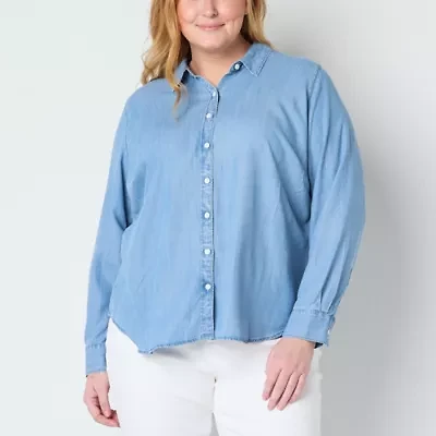 Liz Claiborne Womens Long Sleeve Cuffed Sleeve Regular Fit Plus Button-Down Shirt