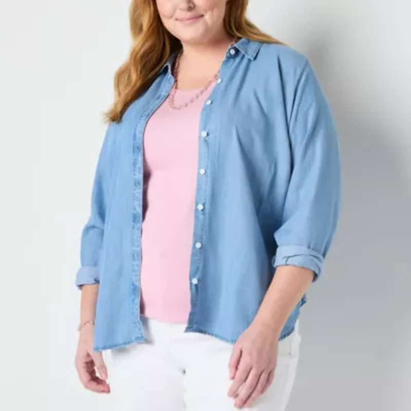 Liz Claiborne Womens Long Sleeve Cuffed Sleeve Regular Fit Plus Button-Down Shirt