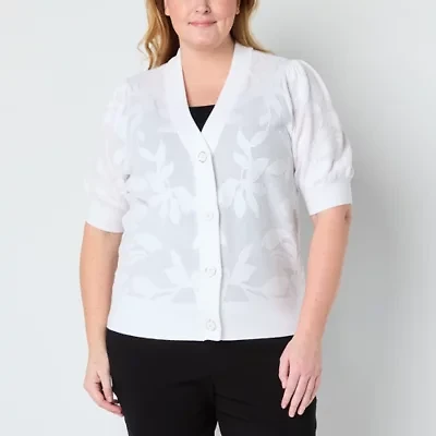 Liz Claiborne Jacquard Womens V Neck Short Sleeve Button Plus Cardigan