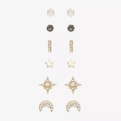 Mixit Stud Womens Cubic Zirconia Moon Star 6 Pair Earring Set