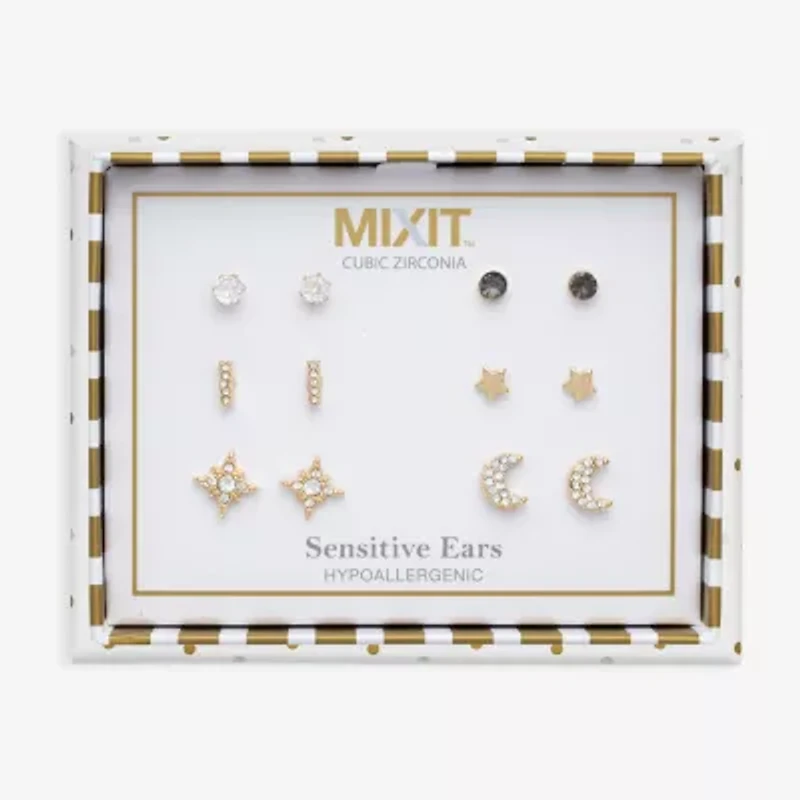 Mixit Stud Womens Cubic Zirconia Moon Star 6 Pair Earring Set