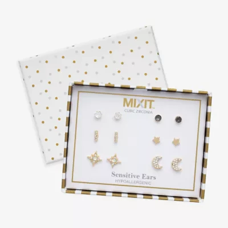 Mixit Stud Womens Cubic Zirconia Moon Star 6 Pair Earring Set