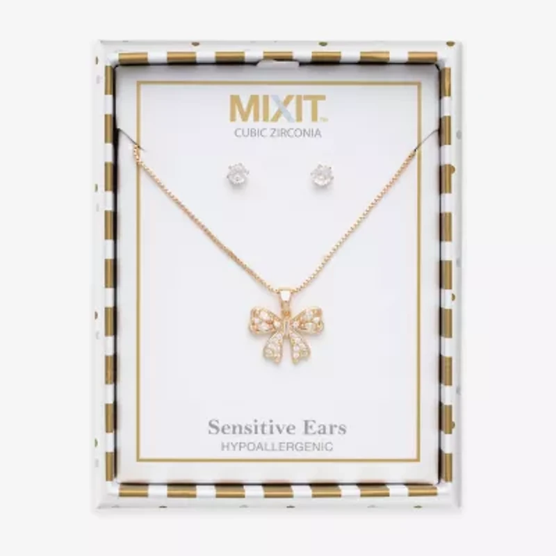 Mixit Pendant Necklace & Stud Earring Womens Cubic Zirconia Bow 2-pc. Jewelry Set