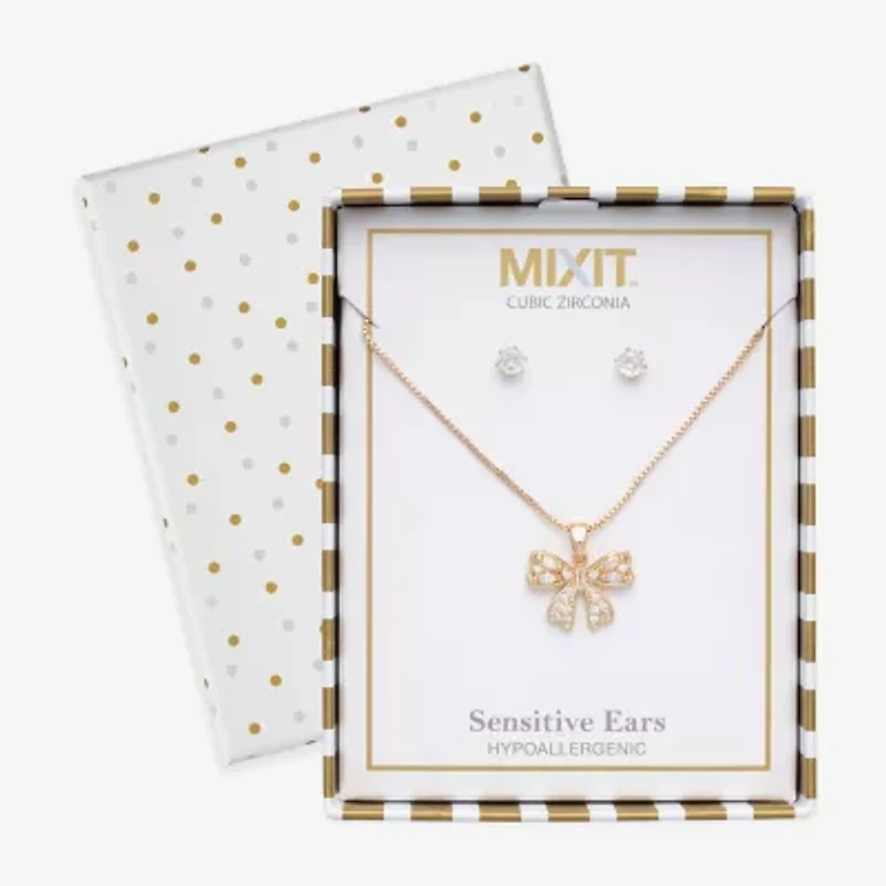 Mixit Pendant Necklace & Stud Earring Womens Cubic Zirconia Bow 2-pc. Jewelry Set