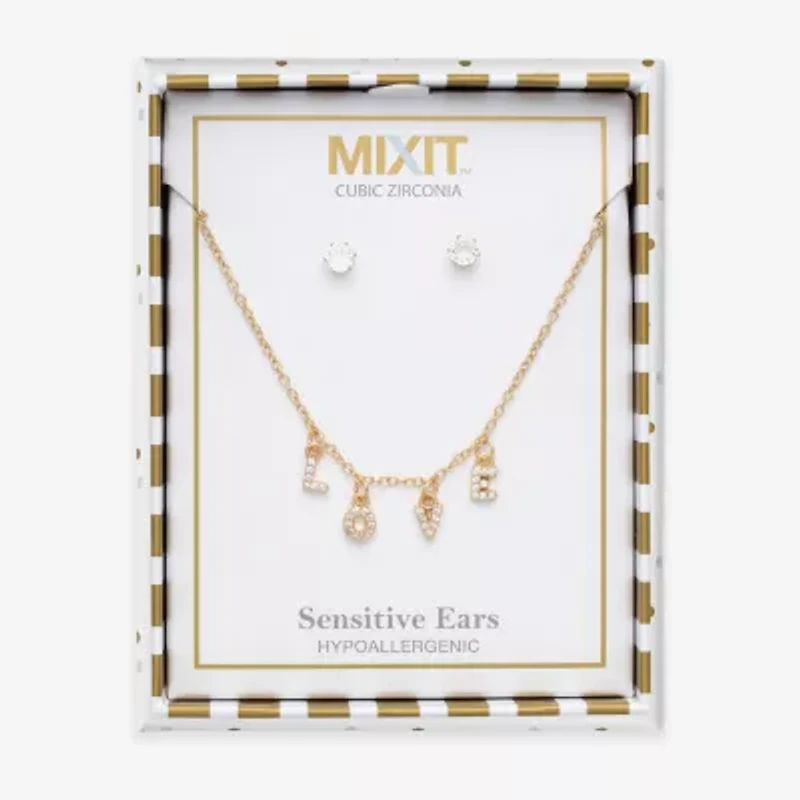 Mixit Love Charm Necklace & Stud Earring Womens Cubic Zirconia 2-pc. Jewelry Set