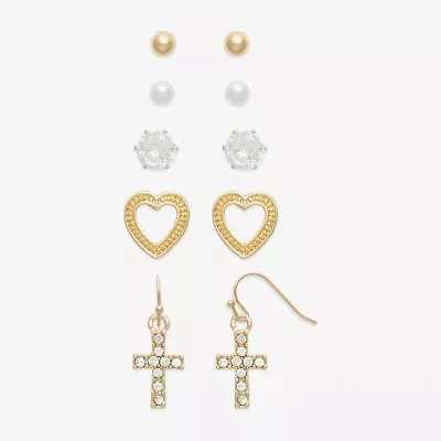 Mixit Stud Womens Cubic Zirconia Cross Heart 5 Pair Earring Set