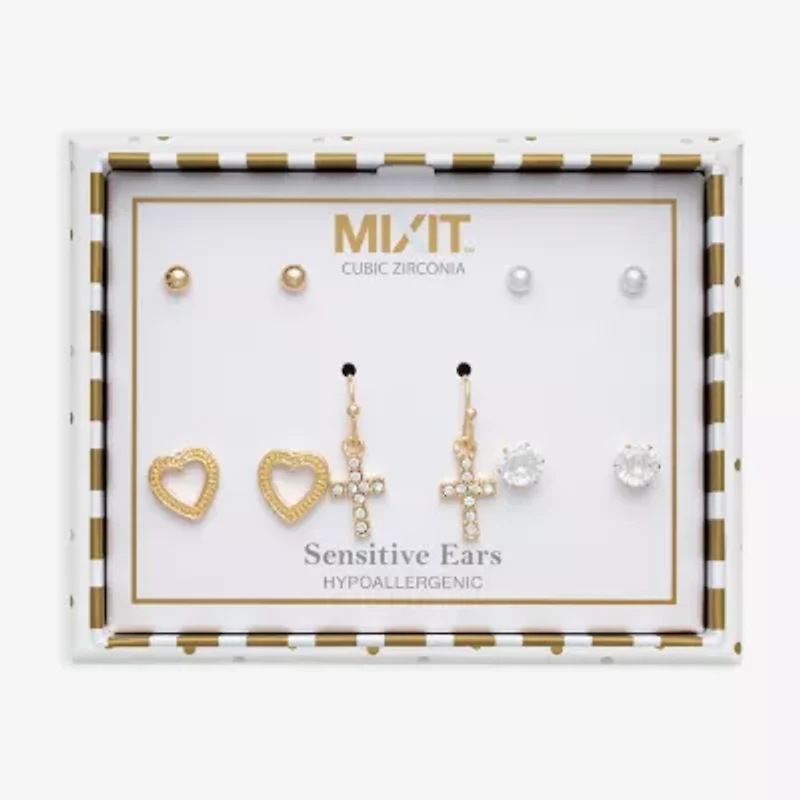 Mixit Stud Womens Cubic Zirconia Cross Heart 5 Pair Earring Set