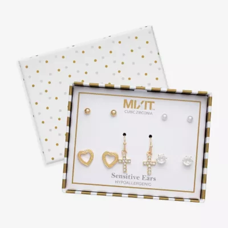 Mixit Stud Womens Cubic Zirconia Cross Heart 5 Pair Earring Set