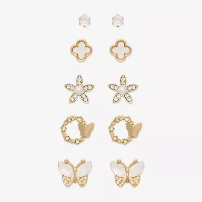 Mixit Stud Womens Cubic Zirconia Butterfly Flower 5 Pair Earring Set