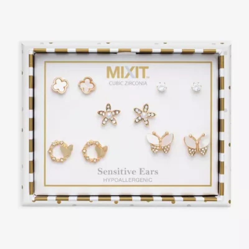 Mixit Stud Womens Cubic Zirconia Butterfly Flower 5 Pair Earring Set