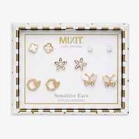 Mixit Stud Womens Cubic Zirconia Butterfly Flower 5 Pair Earring Set