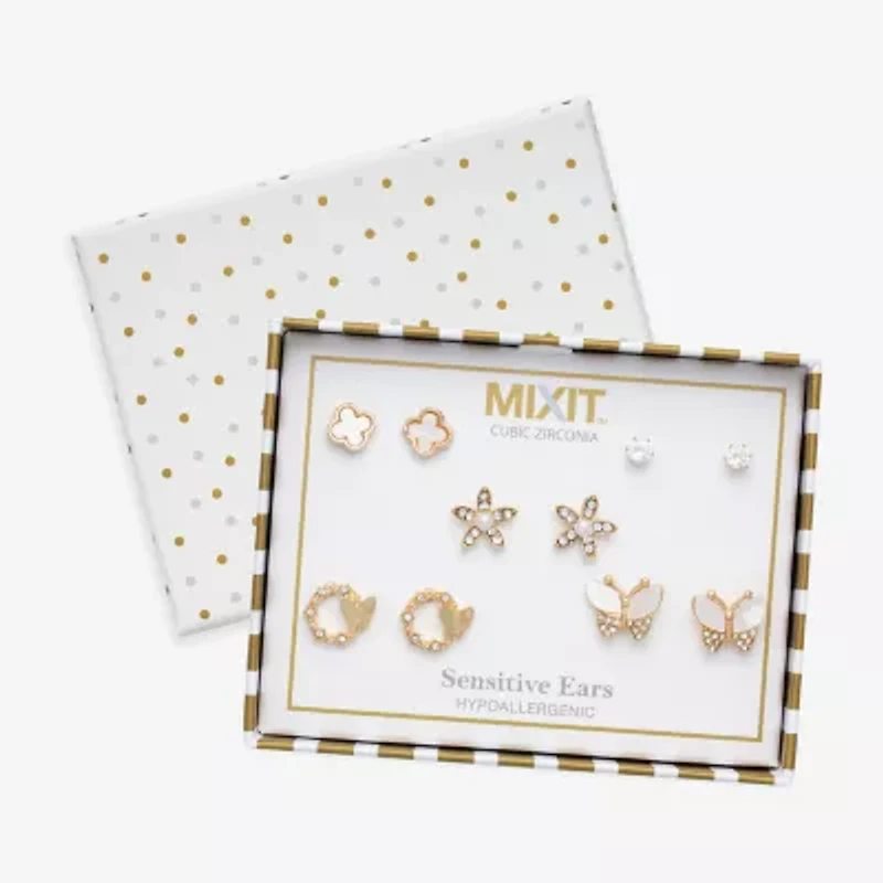 Mixit Stud Womens Cubic Zirconia Butterfly Flower 5 Pair Earring Set