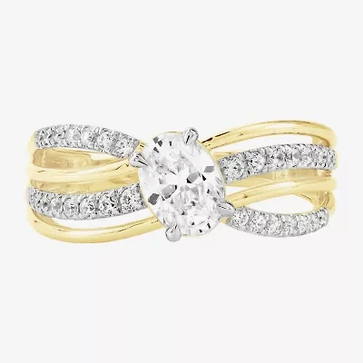 (F / Si2) Womens 1 CT. T.W. Lab Grown White Diamond 10K Gold Round Crossover Side Stone Cocktail Ring
