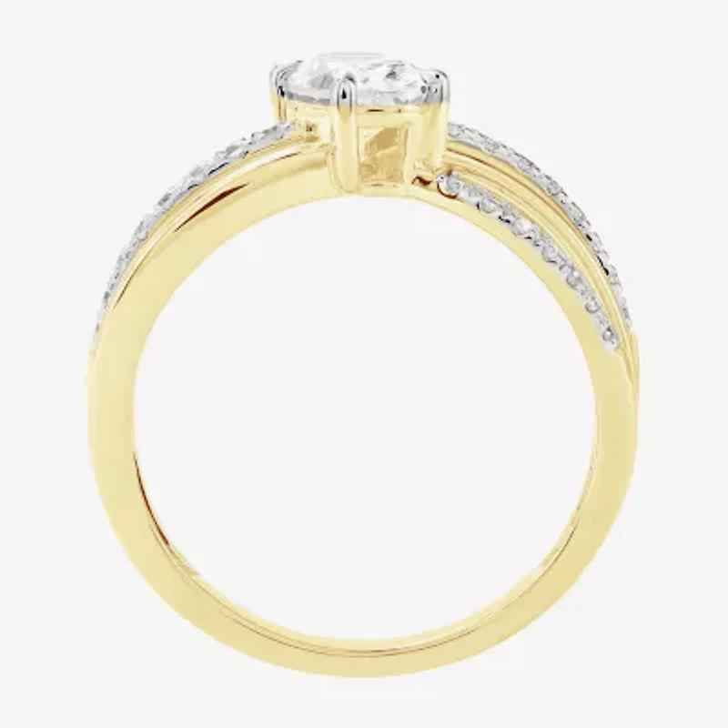 (F / Si2) Womens 1 CT. T.W. Lab Grown White Diamond 10K Gold Round Crossover Side Stone Cocktail Ring