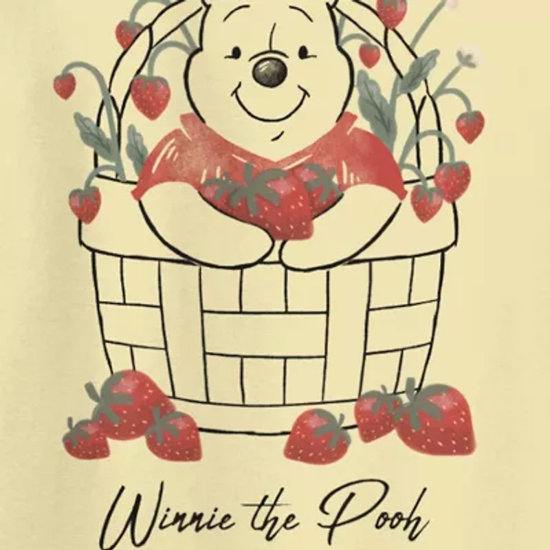 Strawberry Basket Womens Juniors Crew Neck Short Sleeve Loose Fit Winnie The Pooh Graphic T-Shirt