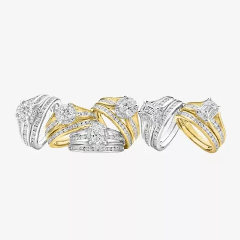 (G / Si1-Si2) Womens 1 1/2 CT. T.W. Lab Grown White Diamond 10K Gold Oval Side Stone Halo Bridal Set