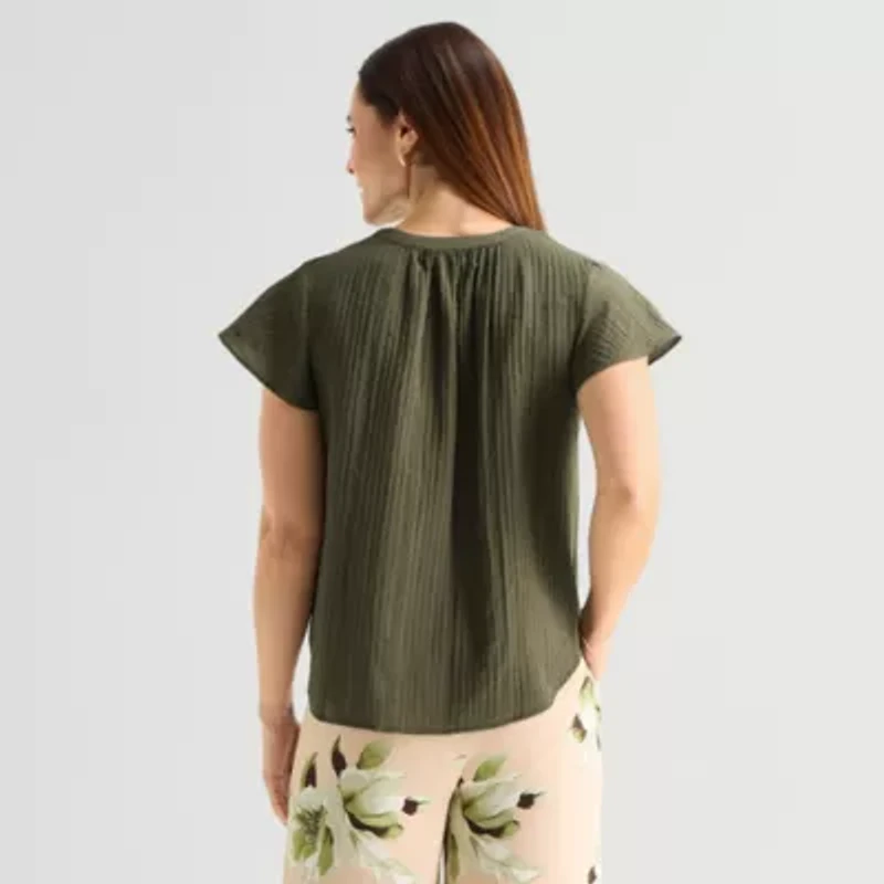 Liz Claiborne Womens Split Crew Neck Short Sleeve Blouse