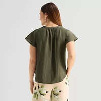 Liz Claiborne Womens Split Crew Neck Short Sleeve Blouse