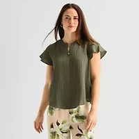 Liz Claiborne Womens Split Crew Neck Short Sleeve Blouse