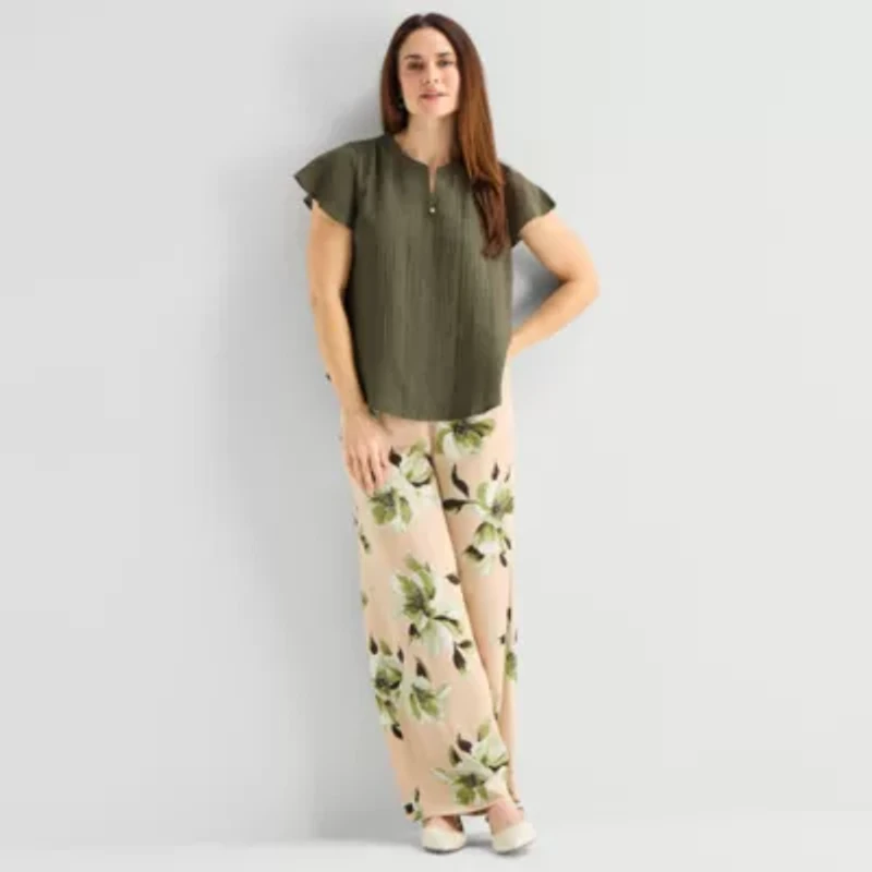 Liz Claiborne Womens Split Crew Neck Short Sleeve Blouse
