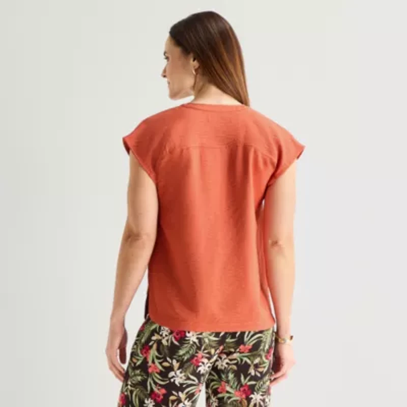 Liz Claiborne Womens Split Crew Neck Short Sleeve Satin Blouse