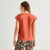 Liz Claiborne Womens Split Crew Neck Short Sleeve Satin Blouse