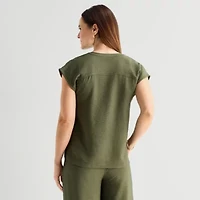 Liz Claiborne Womens Split Crew Neck Short Sleeve Satin Blouse
