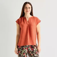 Liz Claiborne Womens Split Crew Neck Short Sleeve Satin Blouse