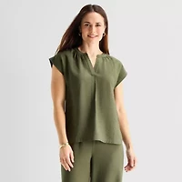 Liz Claiborne Womens Split Crew Neck Short Sleeve Satin Blouse