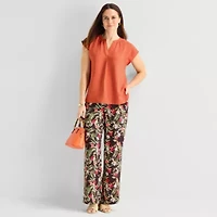 Liz Claiborne Womens Split Crew Neck Short Sleeve Satin Blouse