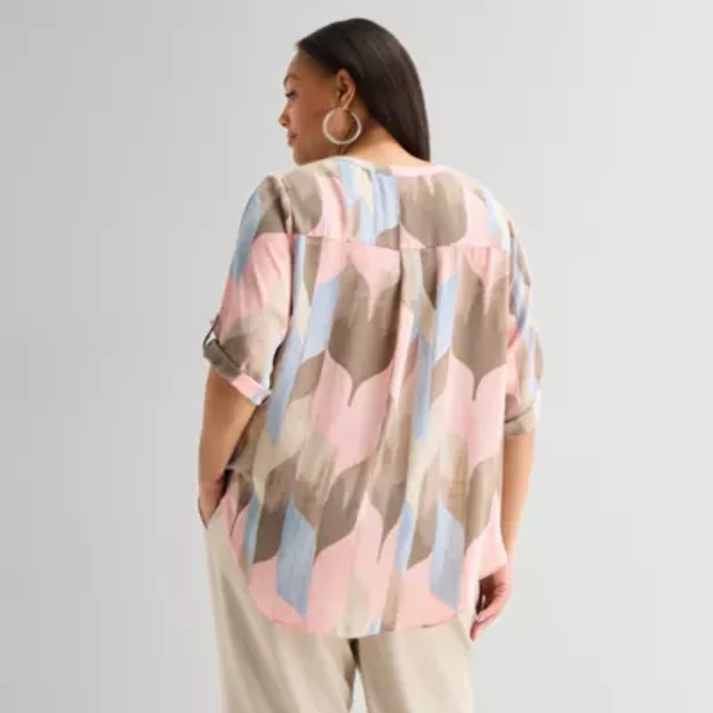 Worthington Womens Plus Split Crew Neck 3/4 Sleeve Blouse