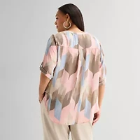 Worthington Womens Plus Split Crew Neck 3/4 Sleeve Blouse