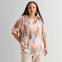 Worthington Womens Plus Split Crew Neck 3/4 Sleeve Blouse