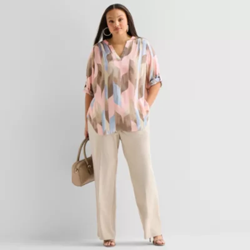 Worthington Womens Plus Split Crew Neck 3/4 Sleeve Blouse