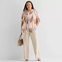 Worthington Womens Plus Split Crew Neck 3/4 Sleeve Blouse