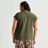 Liz Claiborne Womens Plus V Neck Short Sleeve Blouse