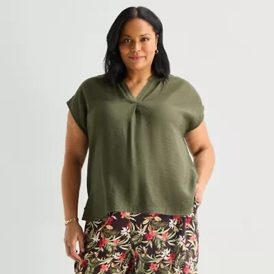 Liz Claiborne Womens Plus V Neck Short Sleeve Blouse