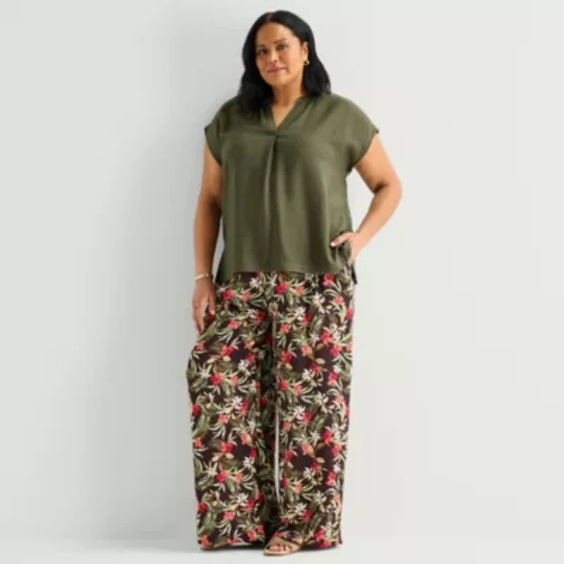 Liz Claiborne Womens Plus V Neck Short Sleeve Blouse