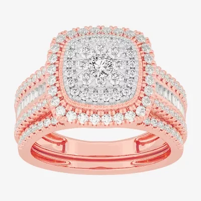 Womens 1 CT.T.W. Natural Diamond 10K Gold Cushion Side Stone Halo Bridal Set