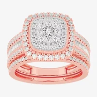 Womens 1 CT.T.W. Natural Diamond 10K Gold Cushion Side Stone Halo Bridal Set