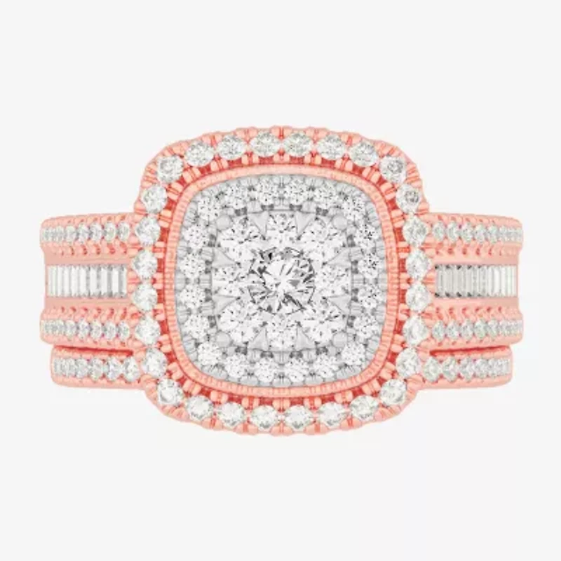 Womens 1 CT.T.W. Natural Diamond 10K Gold Cushion Side Stone Halo Bridal Set