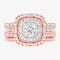 Womens 1 CT.T.W. Natural Diamond 10K Gold Cushion Side Stone Halo Bridal Set