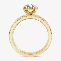 (F / VS2) Womens 1 CT. T.W. Lab Grown White Diamond 10K or 14K Gold Round Side Stone Halo Bridal Set